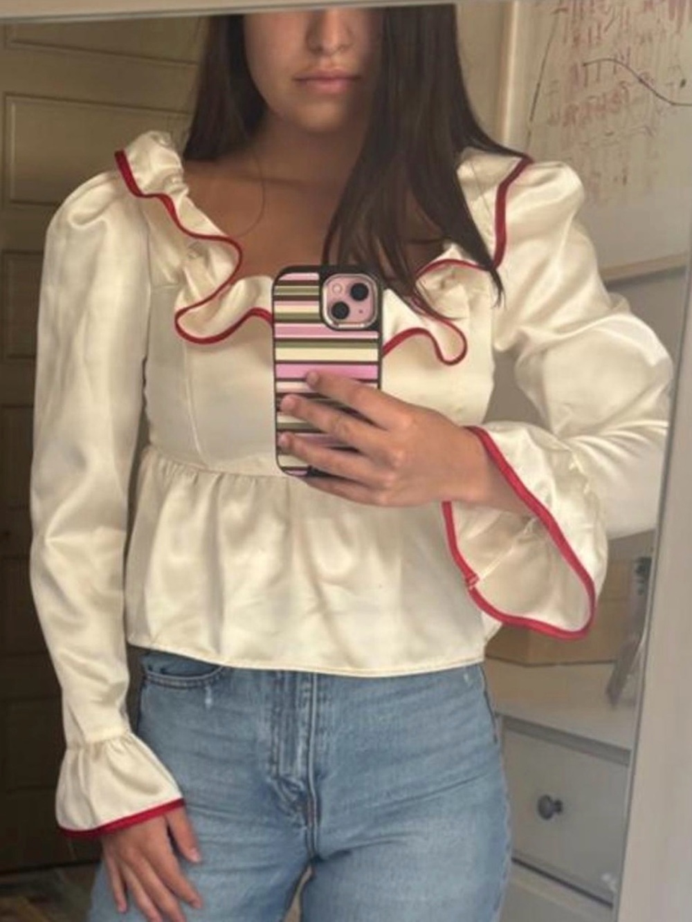 Ivory Ruffle Square-Neck Blouse with Red Trim